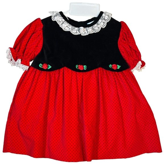 New Toddler Girl Red Dress Size 18 Month Velvet Black Rose Lace Polka Dot VTG - Picture 1 of 6